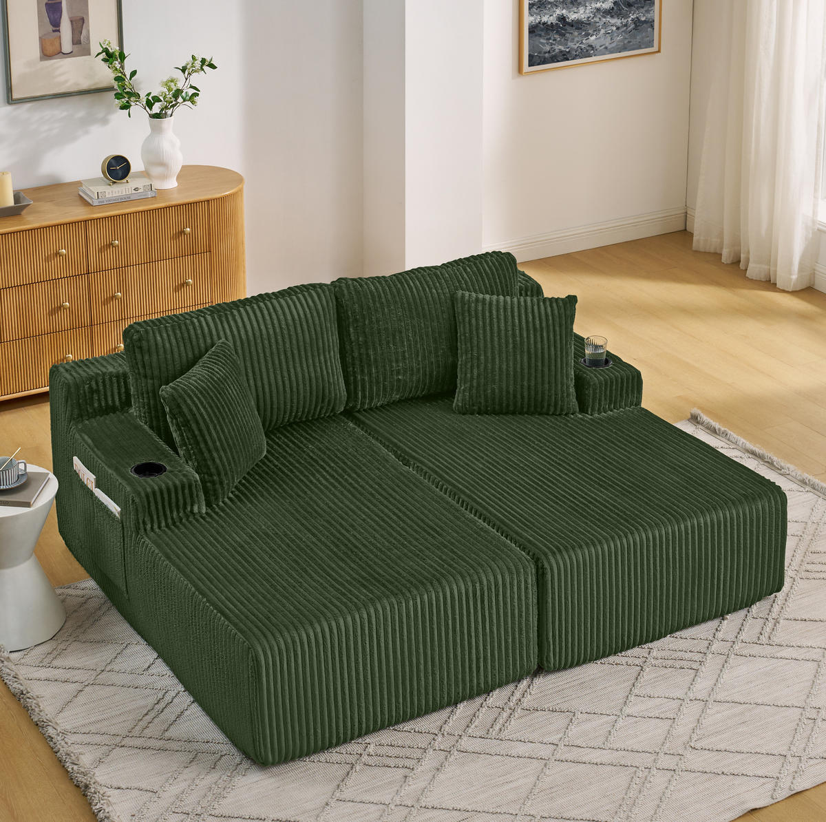 SCHLAFSOFA aus Kordstoff und Schaumstoff Grün mit Getränkehalter, Seitentasche und abnehmbaren Kissen - Grün, Kunststoff (186/78/154cm) - Modfu