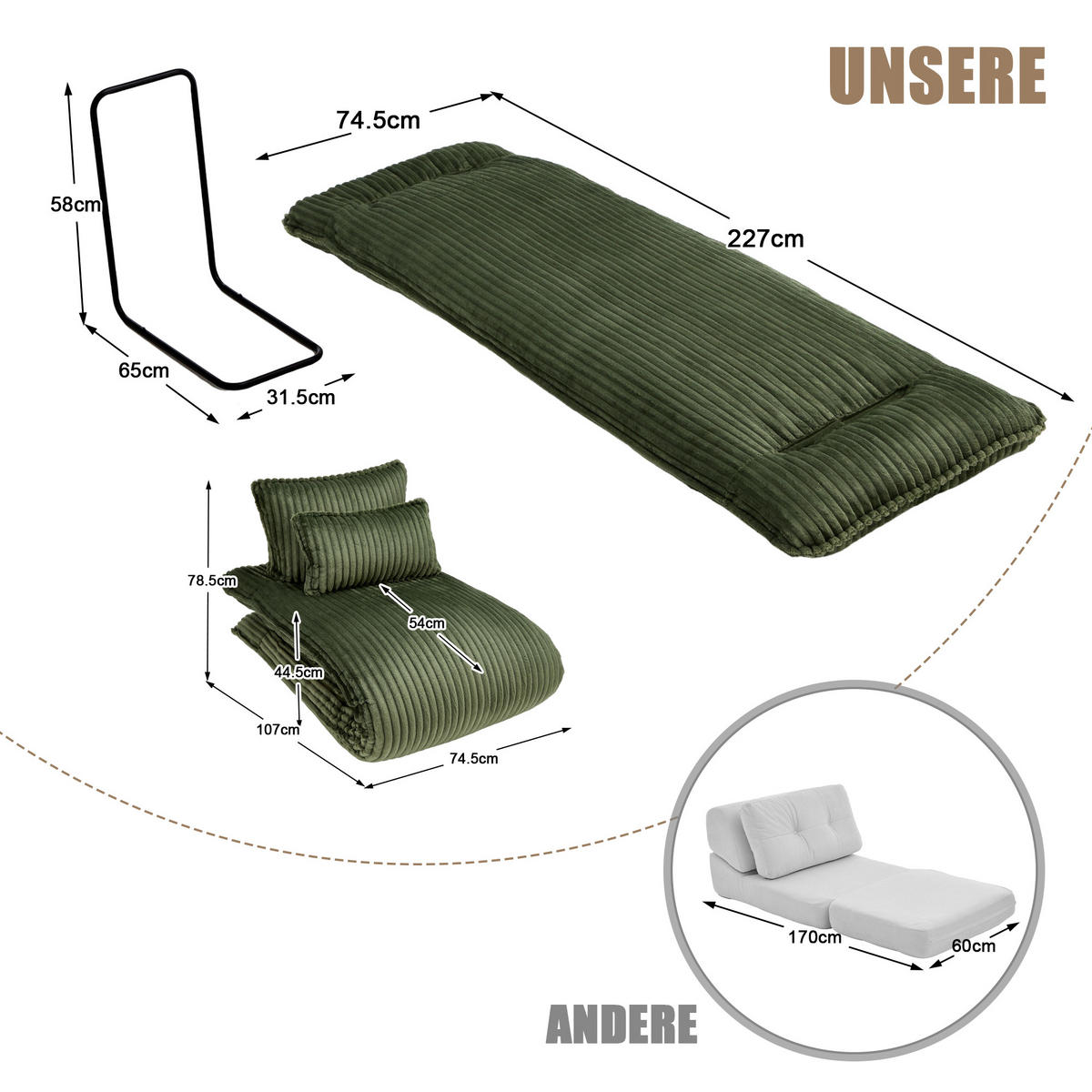 SCHLAFSESSEL 2-in-1, Cord, Metall--Rückenlehne, 227cm Länge, Grün - Grün, Textil/Metall (74.5/78.5/107cm) - LVHOM