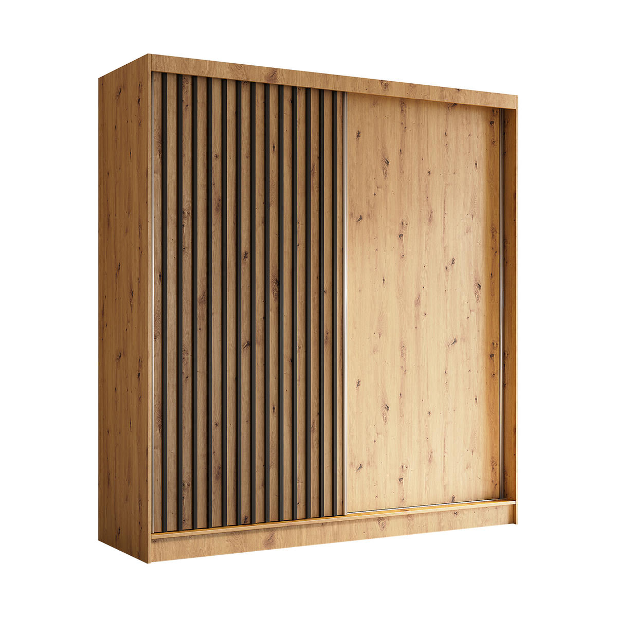 KLEIDERSCHRANK mit furnierten Schiebetüren und Aluminium-Leisten - LABELO - 200 cm Artisan+Artisan+Schwarz - Schwarz/Eiche Artisan, Holzwerkstoff (200/216/61cm) - ALTDECOR