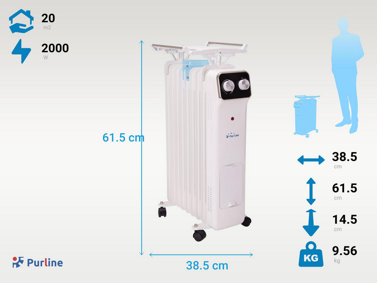 ÖLRADIATOR Weiß mit Rollen und 3 Leistungsstufen 2000 W - Weiß, Metall (39/62/15cm) - Purline