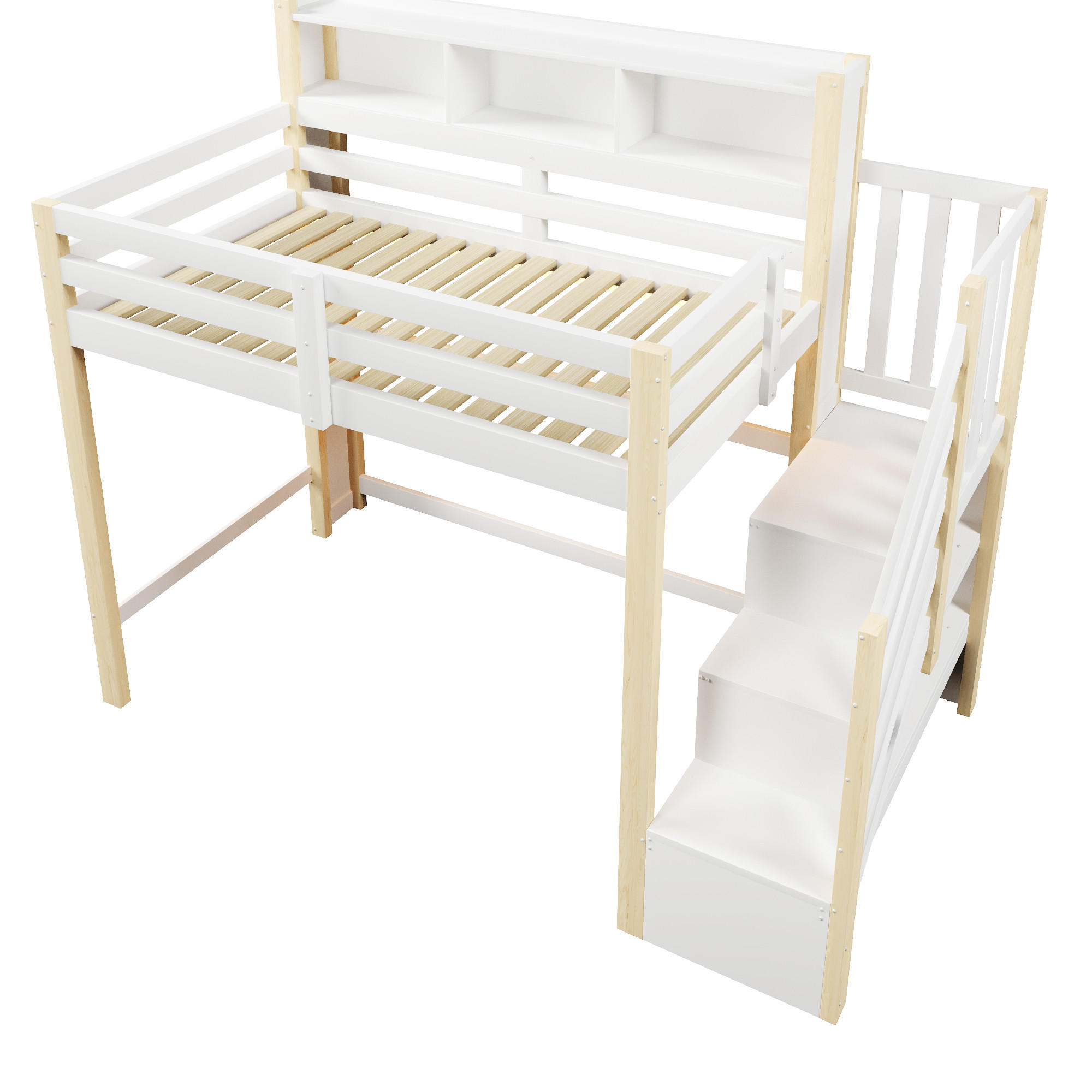 HOCHBETT 90/200 cm DE-33119 mit LED und Stauraumtreppe Weiß/Natur - Naturfarben, Holzwerkstoff (90/200cm) - ComfortXL