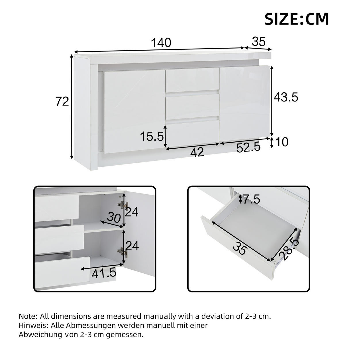 SIDEBOARD LED Weiß 2 Türen 3 Schubladen 140x35x72cm Hochglanz - Weiß, Holzwerkstoff (35/72/140cm) - FLIEKS
