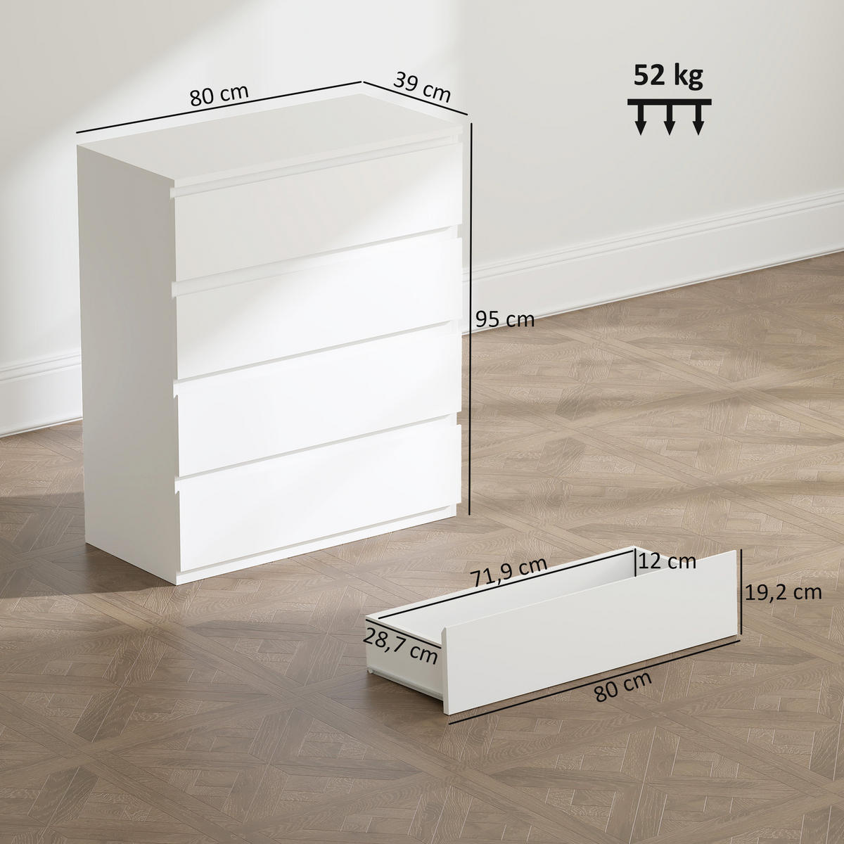 KOMMODE Weiß 80/39/95 cm - Weiß, Holzwerkstoff (80/95/39cm) - PANGIVO