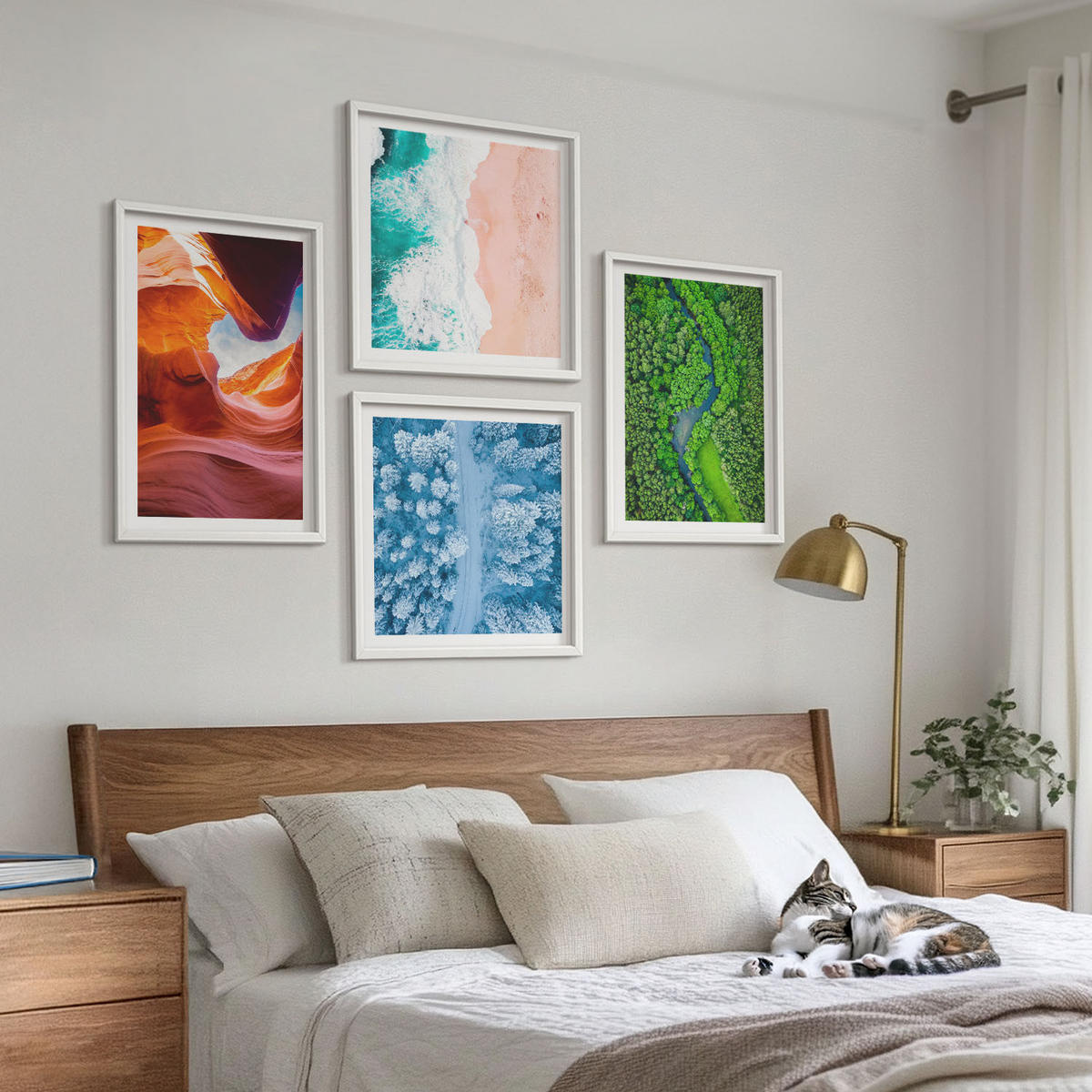 WANDBILDER 4er-Set - 50x50 cm & 40x60 cm Weißer Rahmen - Grün der Wasserschlucht im Winter - Weiß, Kunststoff (50/50cm) - ArtPrintCave