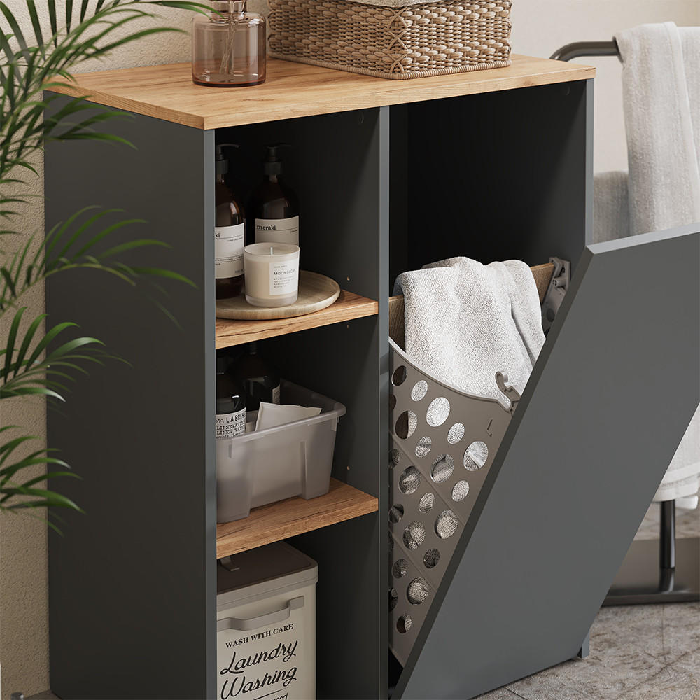 BADSCHRANK Viktor Anthrazit/Goldkraft Eiche 68 x 88.2 cm , mit offenen Regalen und Wäschekorb - Honigeiche/Anthrazit, Holzwerkstoff (68/88.2/40.5cm) - Vicco