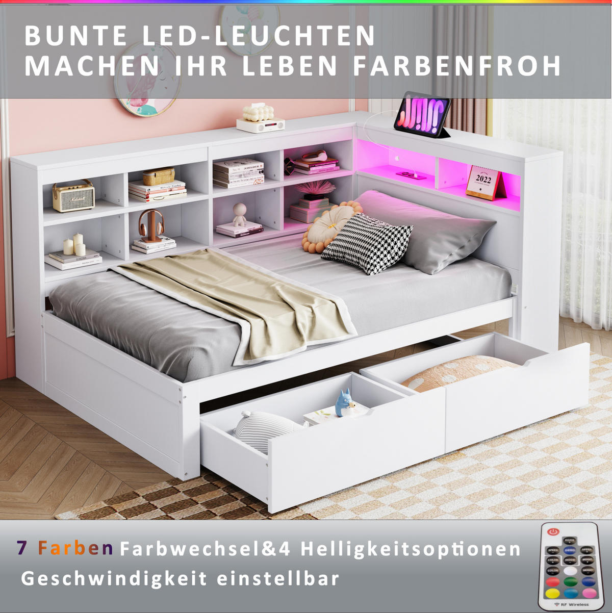 BETT 90/200 cm Weiß aus Holz mit Stauraum, USB und LED - Weiß, Holzwerkstoff (90/200cm) - OKMYHOME