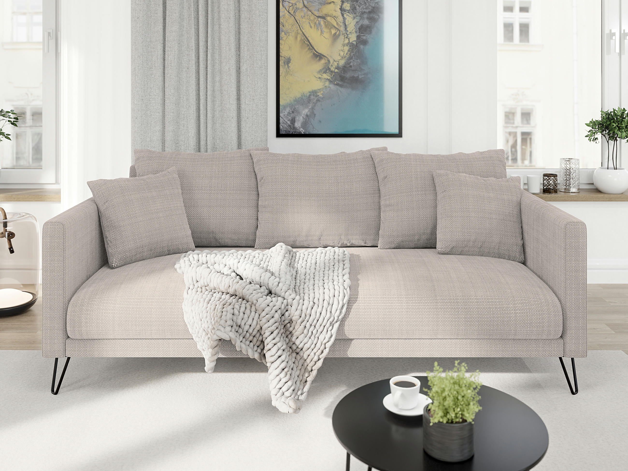 Thumbnail - S-Style Möbel 3-Sitzer-Sofa, Taupe, Textil, Echtholz,Buche, Birke, Füllung: Silikon,Silikon,Polyetherschaumkern, 200x85x...
