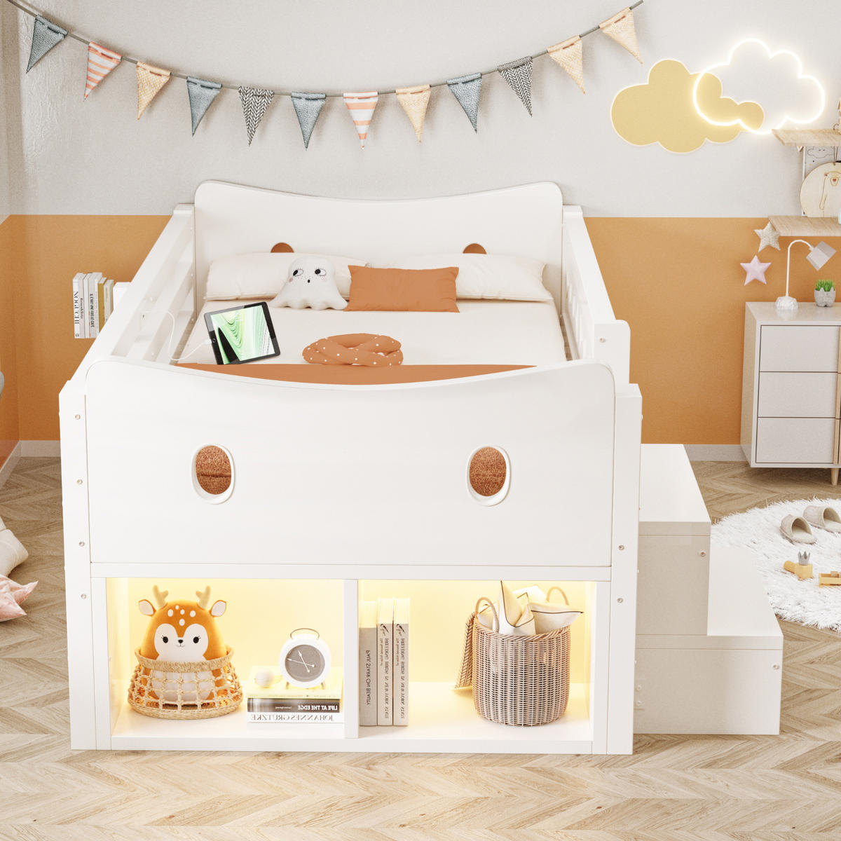 KINDERBETT Holz 90x200 cm Weiß mit Stauraum, Sicherheitsgittern, LED, USB- und Typ-C-Anschluss - Weiß, Holz (90/200cm) - Modfu