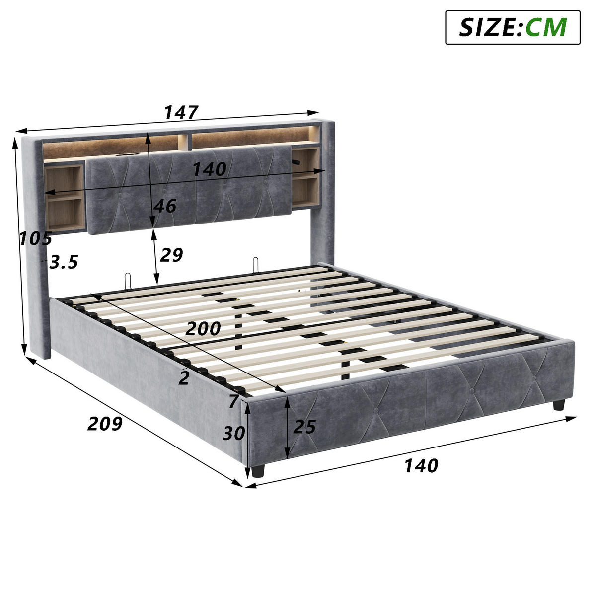POLSTERBETT 140/200 cm mit Stauraum‑Kopfteil, LED‑Beleuchtung & USB‑Anschluss, Samtbett mit integrierter Ablage - Grau, Holz/Metall (140/200cm) - Joyfair