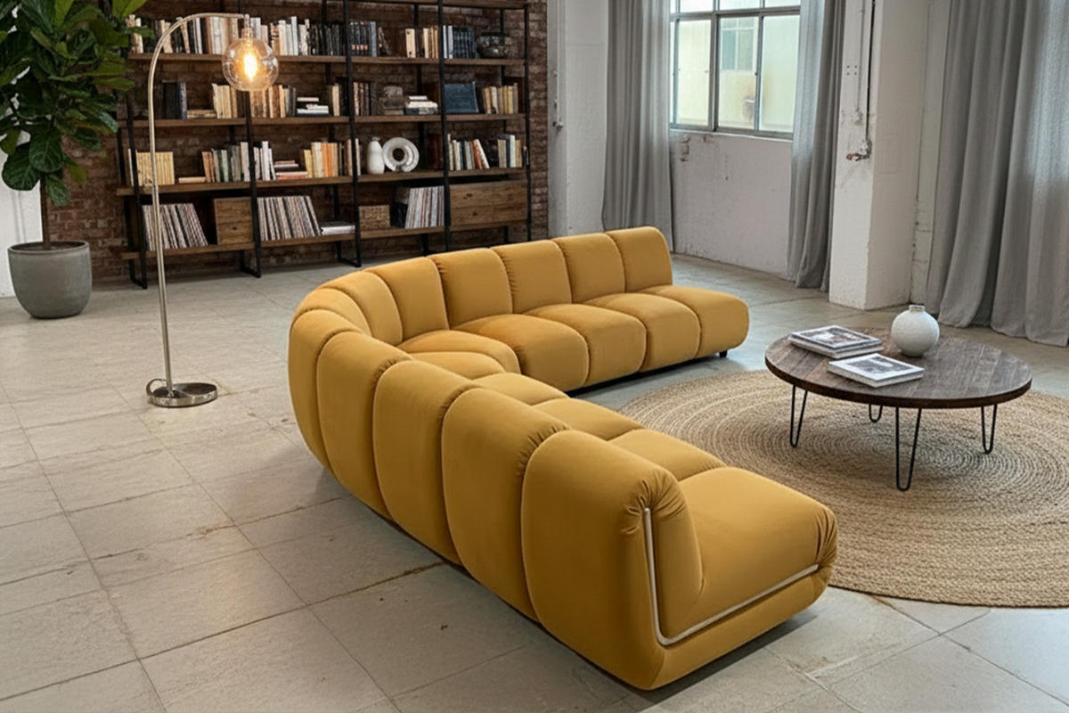 MODULSOFA LAYLA Gelb Velvet - Gelb/Schwarz, Buchenholz/Textil (305/305cm) - KAWOLA