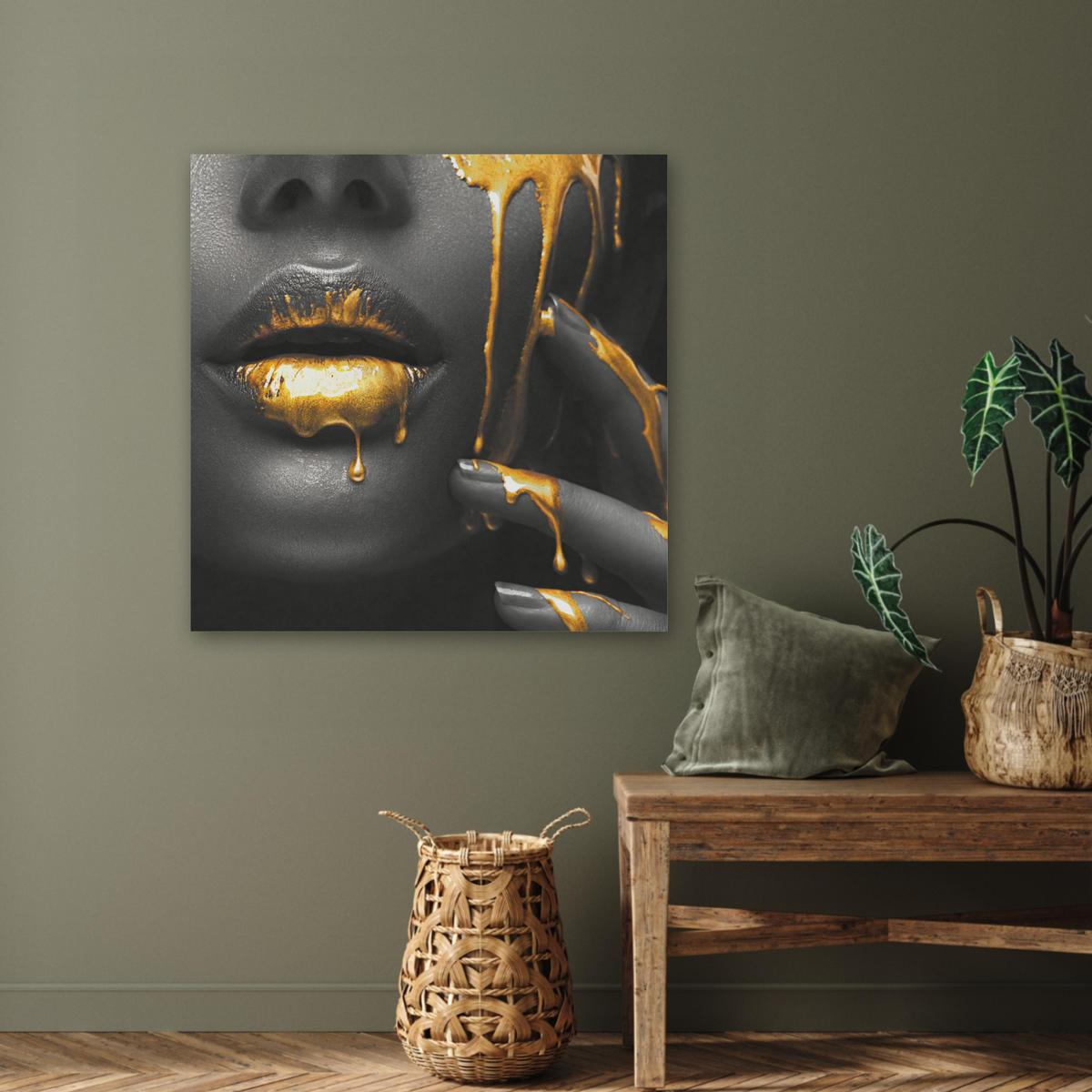 AKUSTIKBILD Frau - Schwarz - Gold - Gesicht - Lippen Akustikpaneele 80x80 cm - Goldfarben, Kunststoff (80/80/0.9cm) - MuchoWow