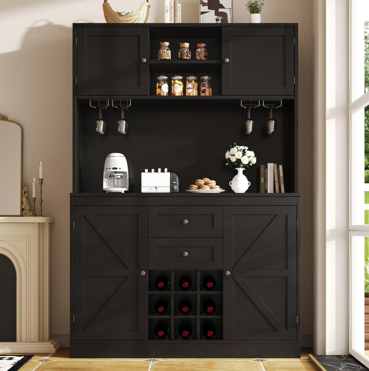 KÜCHENSCHRANK mit Weinregal 120 x 40 x 188 cm MDF Schwarz - Schwarz, Holzwerkstoff (40/188/120cm) - Meubliv