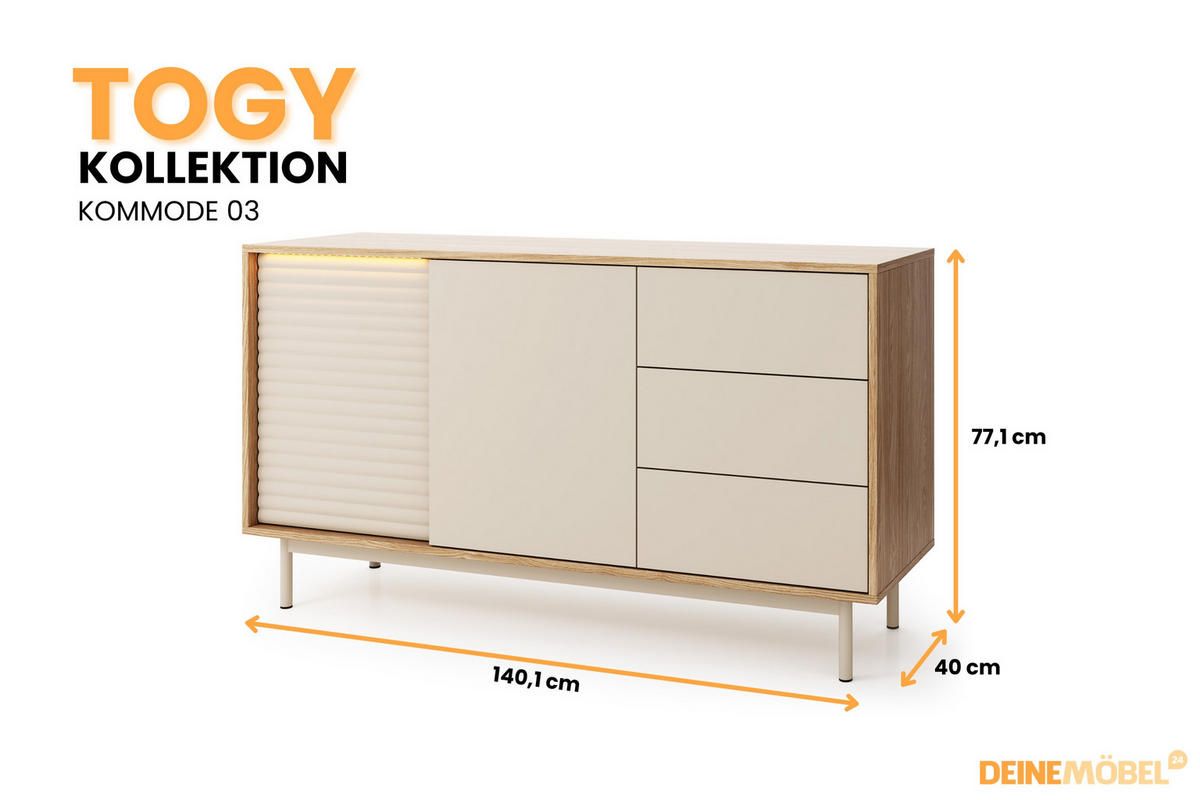 KOMMODE TOGY 03 140 cm breit in Kaschmir / Geölter Eiche mit LED Beleuchtung - Kaschmir/Eichefarben, Holzwerkstoff (140/77/40cm) - Deine Möbel 24