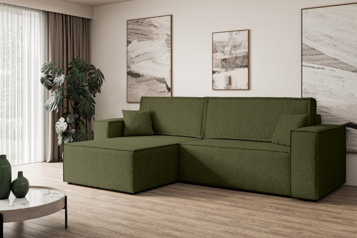 ECKSOFA mit Schlaffunktion und Bettkasten CELTIC-XL - 277x143x83 cm Grün Bouclé - Schwarz/Grün, Holzwerkstoff/Kunststoff (277/143cm) - ALTDECOR