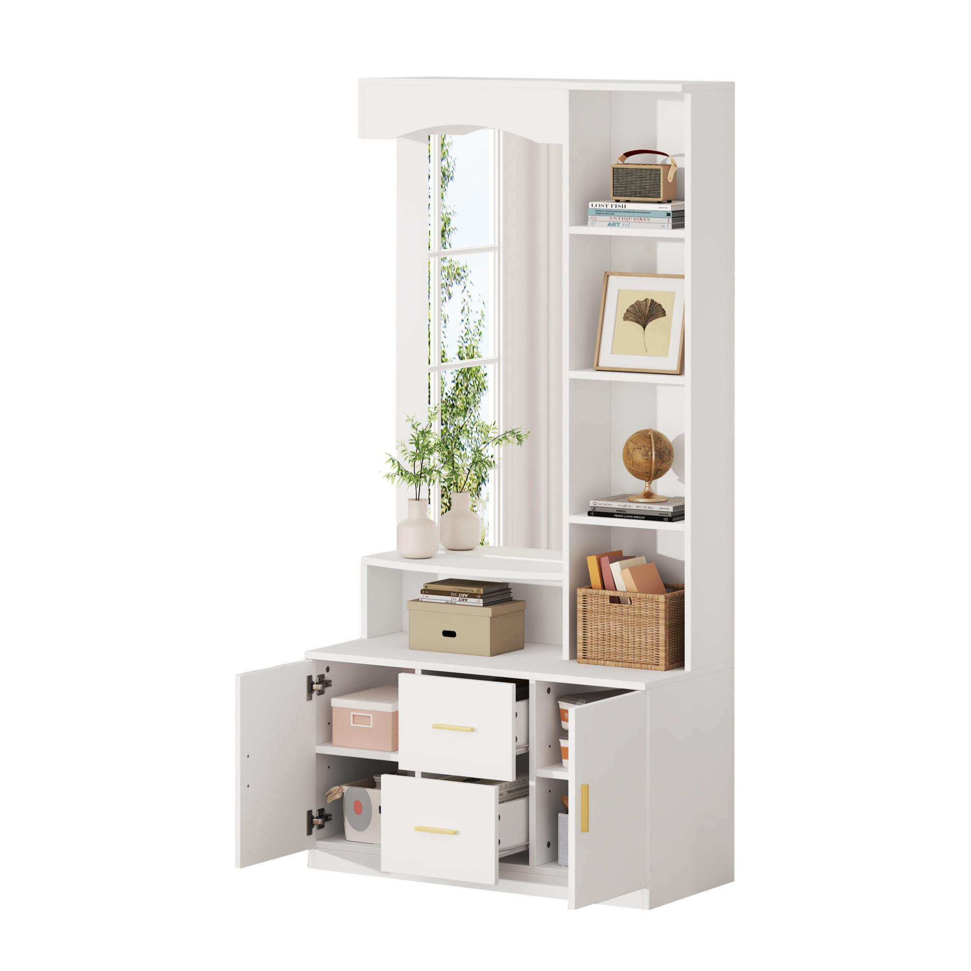 DIELENGARDEROBE mit Spiegel 90/40/180 cm in Weiß mit Schuhschrank und 2 Schubladen - Weiß, Holzwerkstoff (90/180/40cm) - BEAOK