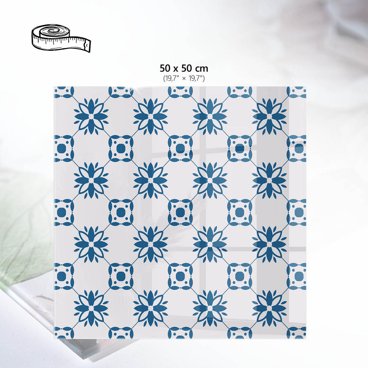 TISCHPLATTE 50x50 cm – Blumenmuster - Blau, Glas (50/50/0.4cm) - Wallfluent
