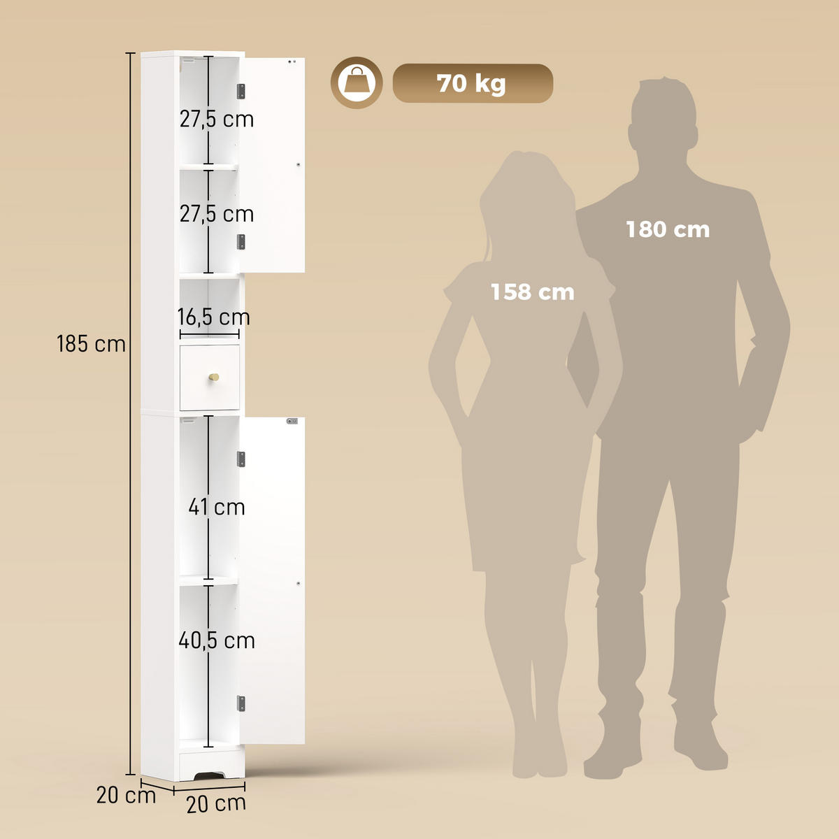 BADEZIMMERSCHRANK MDF Weiß - Weiß, Holzwerkstoff (20/185/20cm) - HOMCOM