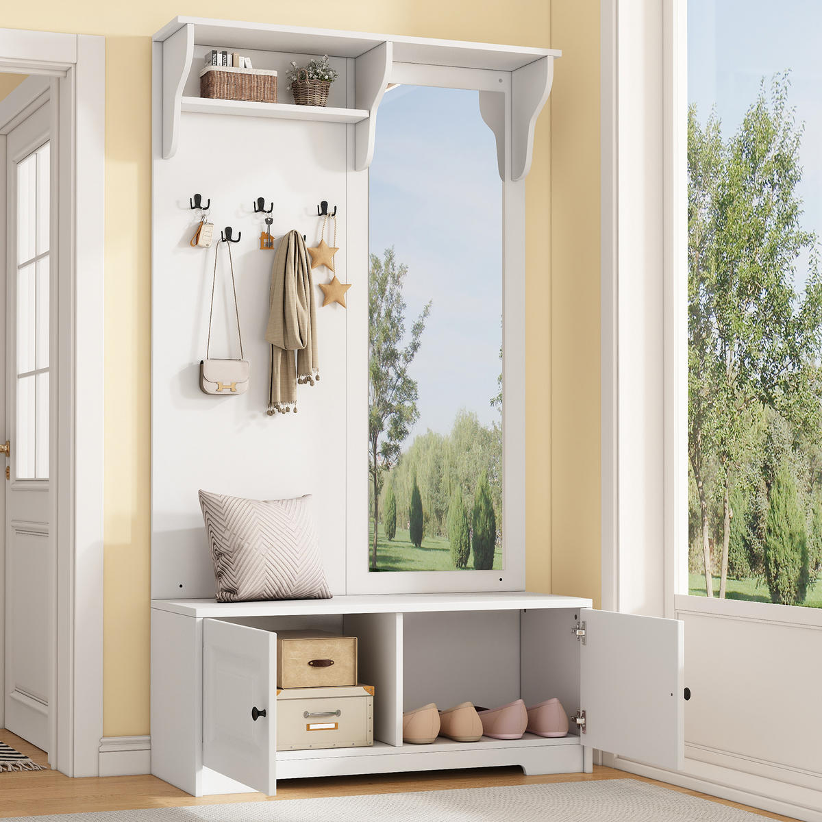 GARDEROBE 100cm Spiegel 5 Haken 2 Schränke Regal Schuhschrank Weiß - Weiß, Holzwerkstoff (40/180/100cm) - FLIEKS