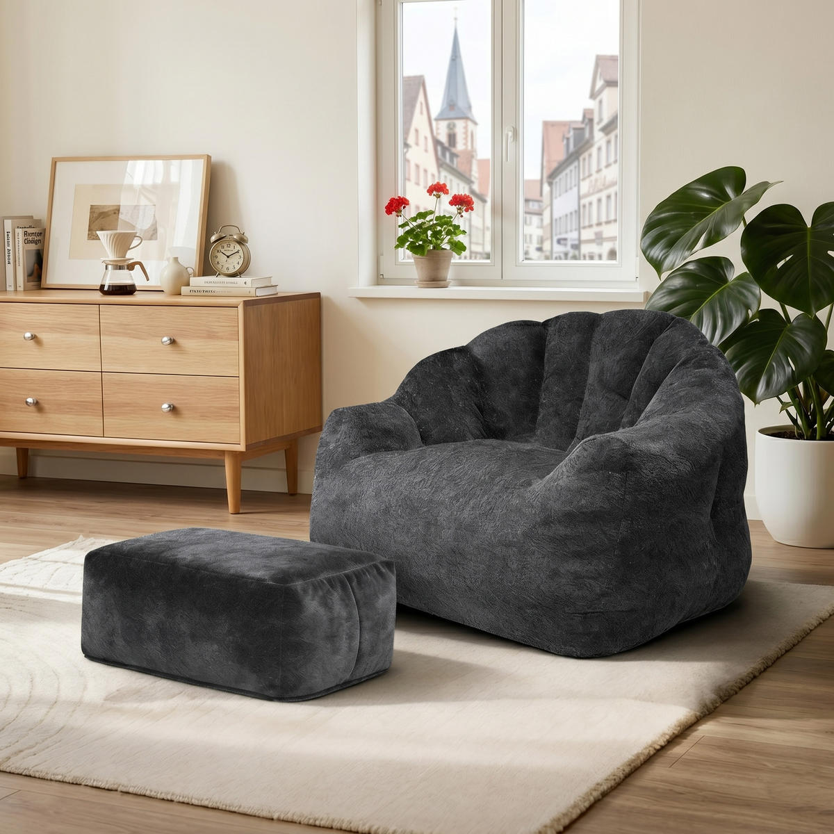 FÅTÖLJ med Pall i mjuk chenille med blommigt ryggstöd och fotpall - Svart, Textil (99/65/86cm) - Urban Meuble