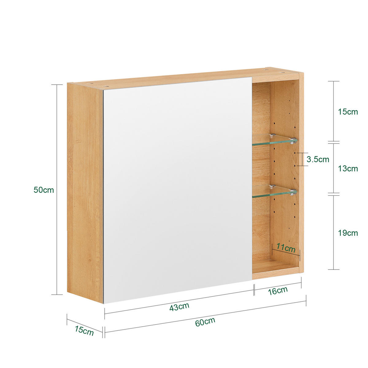 SPIEGELSCHRANK Natur - Braun, Glas/Holzwerkstoff (60/50/15cm) - SoBuy