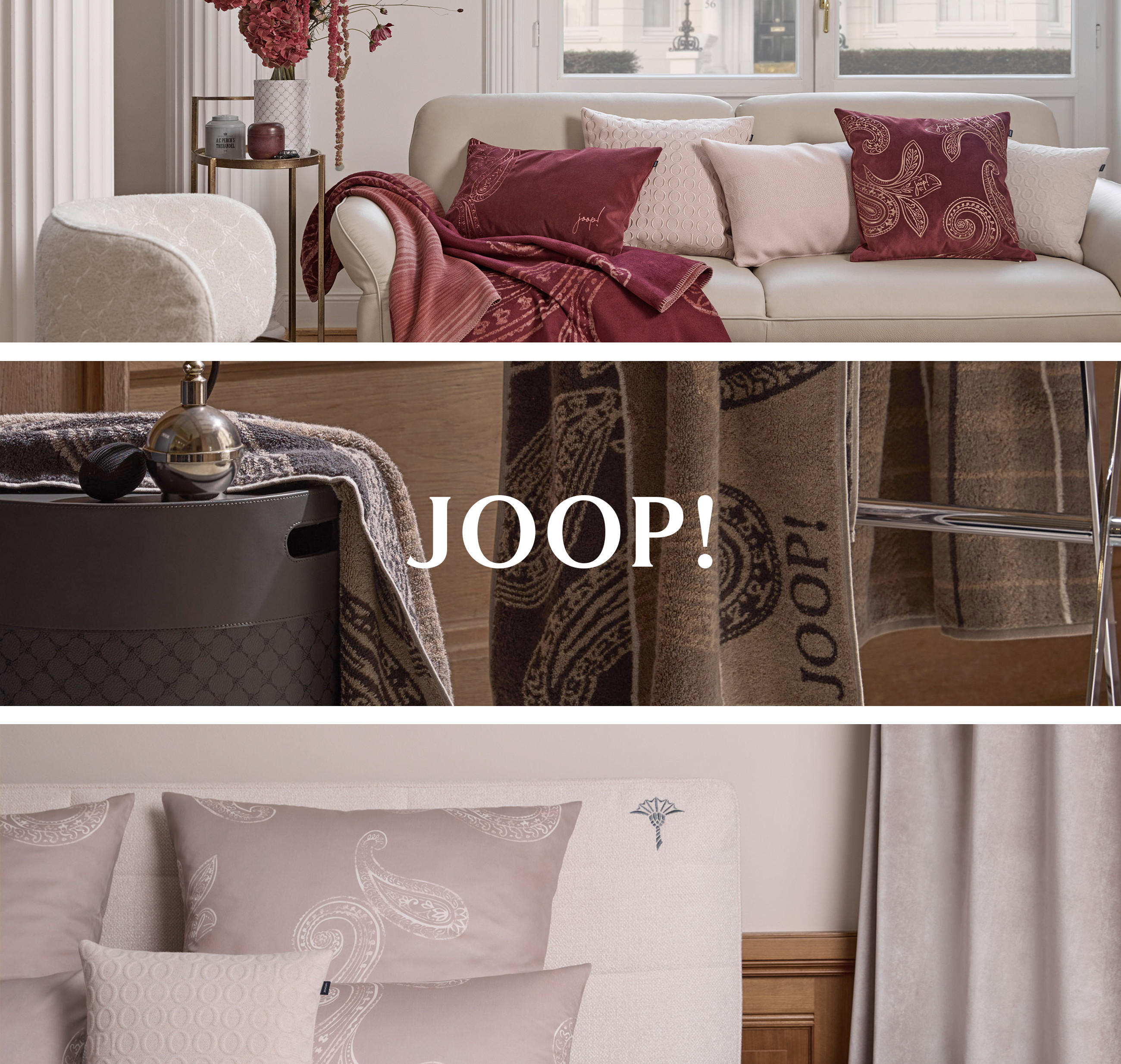 Drei Milieus von stilvoll eingerichteten Räumen mit Textilien von JOOP! Living. Das JOOP-Markenlogo ist mittig platziert.