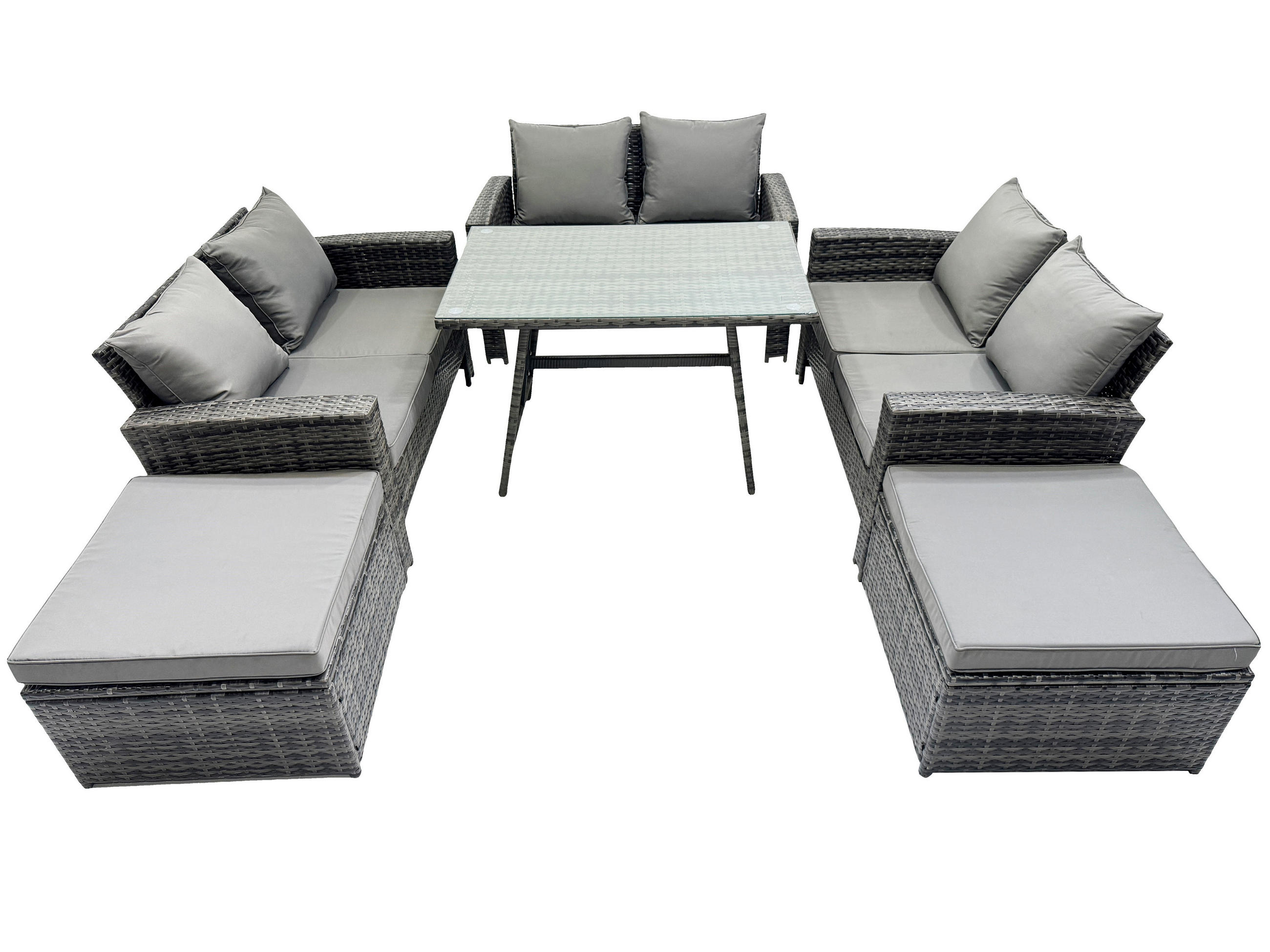 GARTENMÖBELSET mit ESSTISCH,HOCHLEHNER-SOFA Polyrattan Dunkelgrauer Mix 8-Sitzer - Dunkelgrau/Grau, Glas/Kunststoff - Fimous