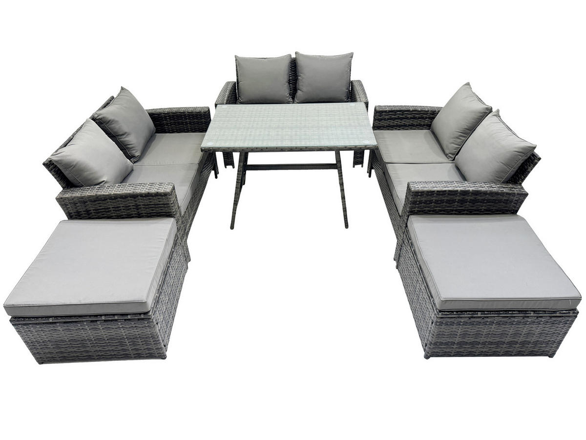 GARTENMÖBELSET mit ESSTISCH,HOCHLEHNER-SOFA Polyrattan Dunkelgrauer Mix 8-Sitzer - Dunkelgrau/Grau, Glas/Kunststoff - Fimous