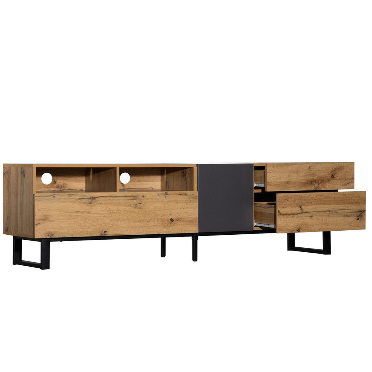 MODERNER Colorblocking-TV-Schrank TV-Schrank mit Holzmaserung 180cm.Black + Black+Grey + MDF + 50-59 inches - Schwarz, Holz (38/50/180cm) - FLIEKS