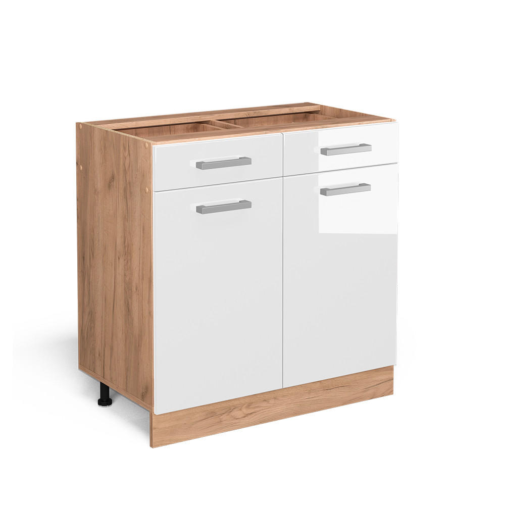 KÜCHENUNTERSCHRANK R-Line Weiß Hochglanz 80 cm ohne AP - Honigeiche/Weiß Hochglanz, Holzwerkstoff (80/81.6/46cm) - Vicco