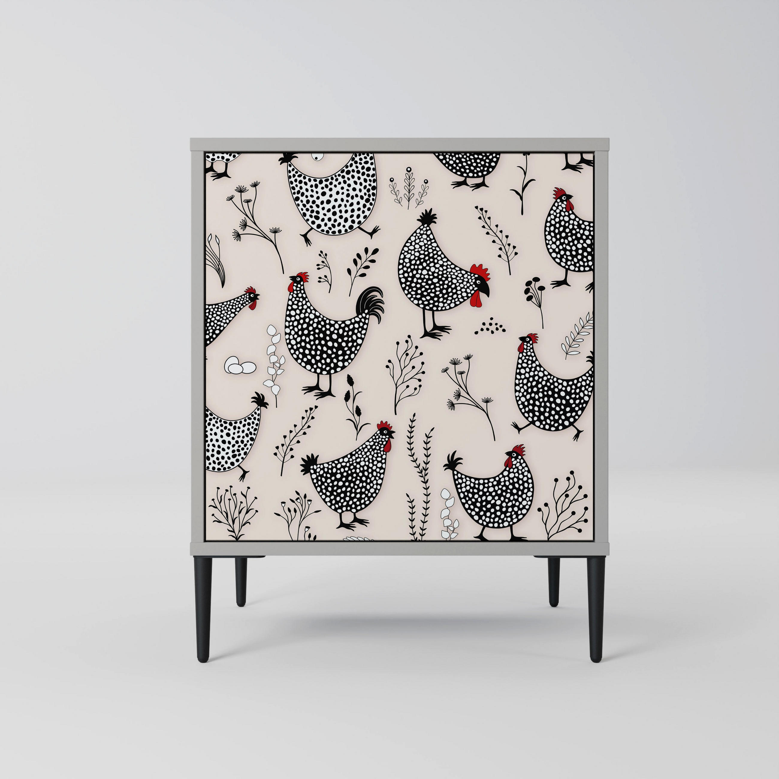 SIDEBOARD HAPPY HENS, Grau, 57,5x42x72,5 cm, Schwarze Metallfüße - Multicolor/Schwarz, Holzwerkstoff/Metall (57.5/72.5/42cm) - SpaceRebels