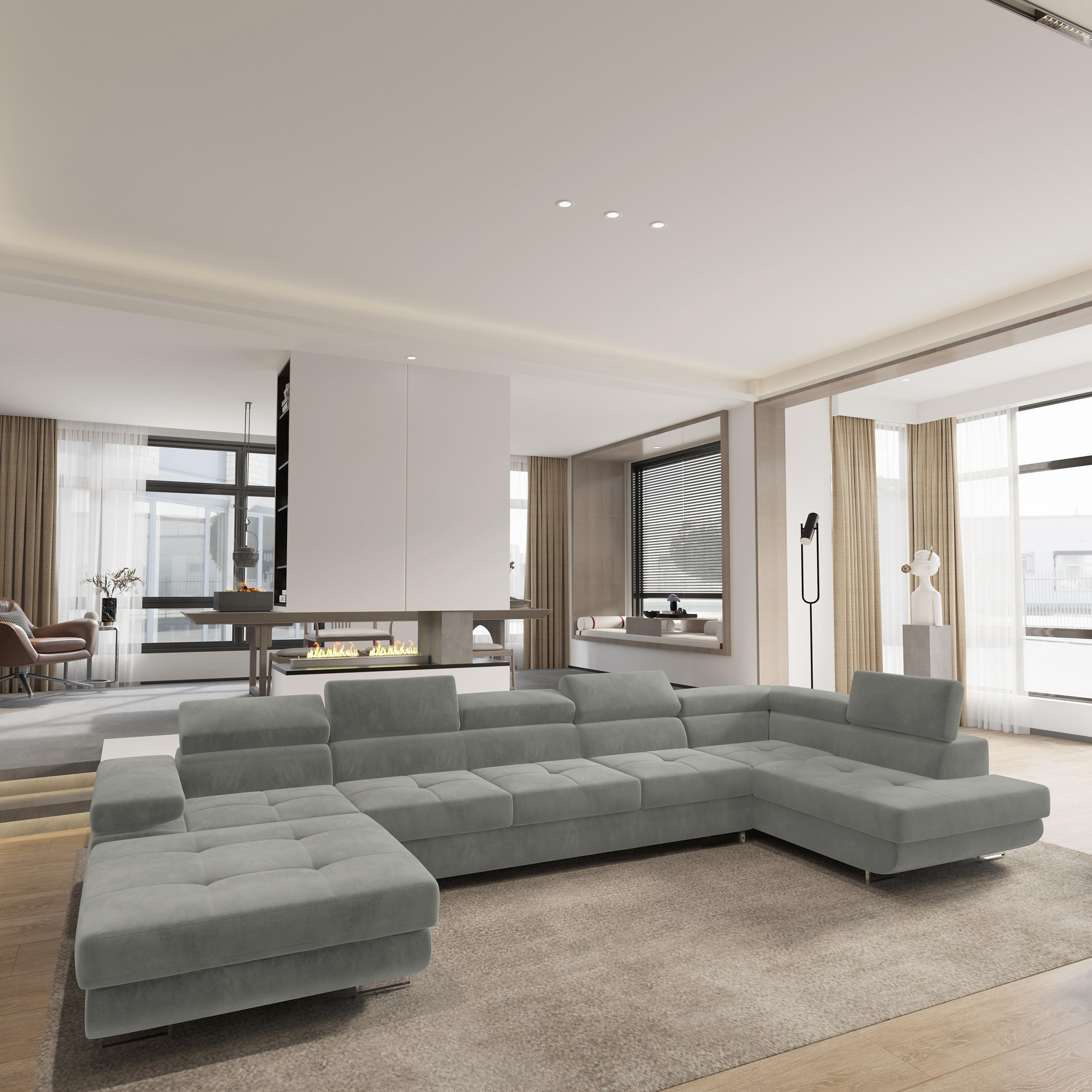 WOHNLANDSCHAFT TORIVA R-S Hellgrau Velours-Stoff mit Schlaffunktion - Hellgrau, Holz (418/90/202cm) - MASSENO