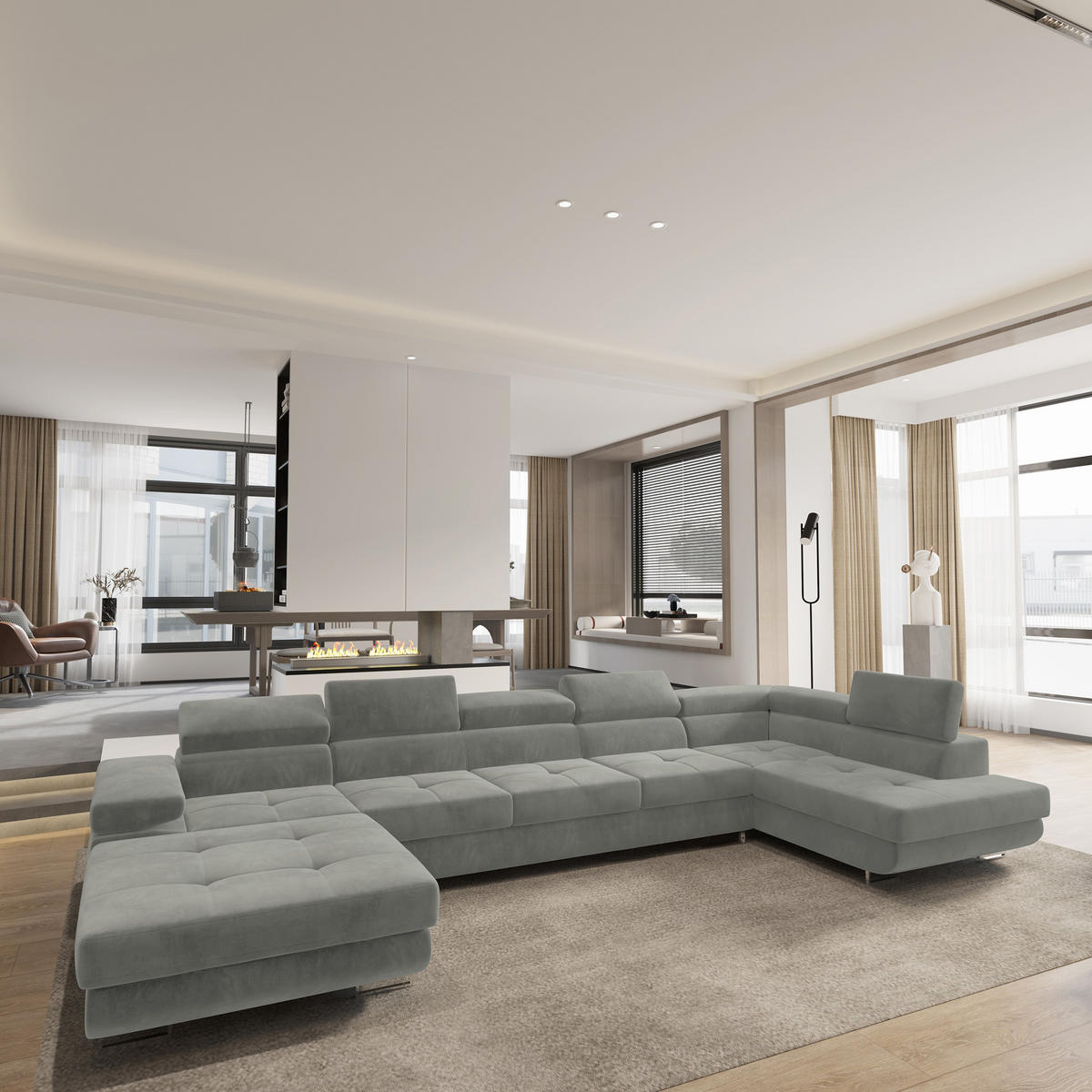 WOHNLANDSCHAFT TORIVA R-S Hellgrau Velours-Stoff mit Schlaffunktion - Hellgrau, Holz (418/90/202cm) - MASSENO