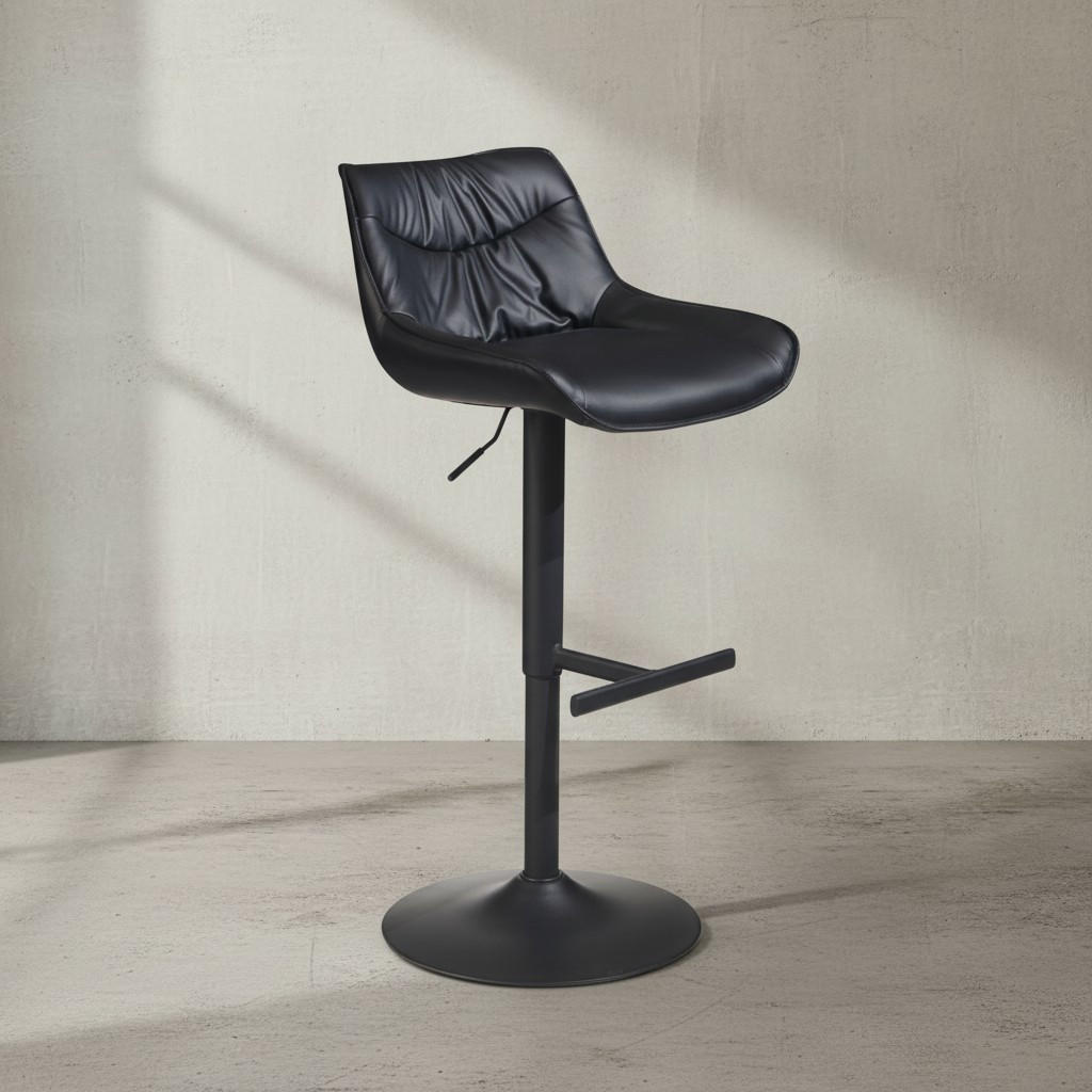 BARHOCKER – Kunstleder Schwarz, Rückenlehne, höhenverstellbar 86–106 cm, Trompetenfuß, 100 kg - Schwarz, Kunststoff/Textil (45/106/55cm) - KADIMA DESIGN