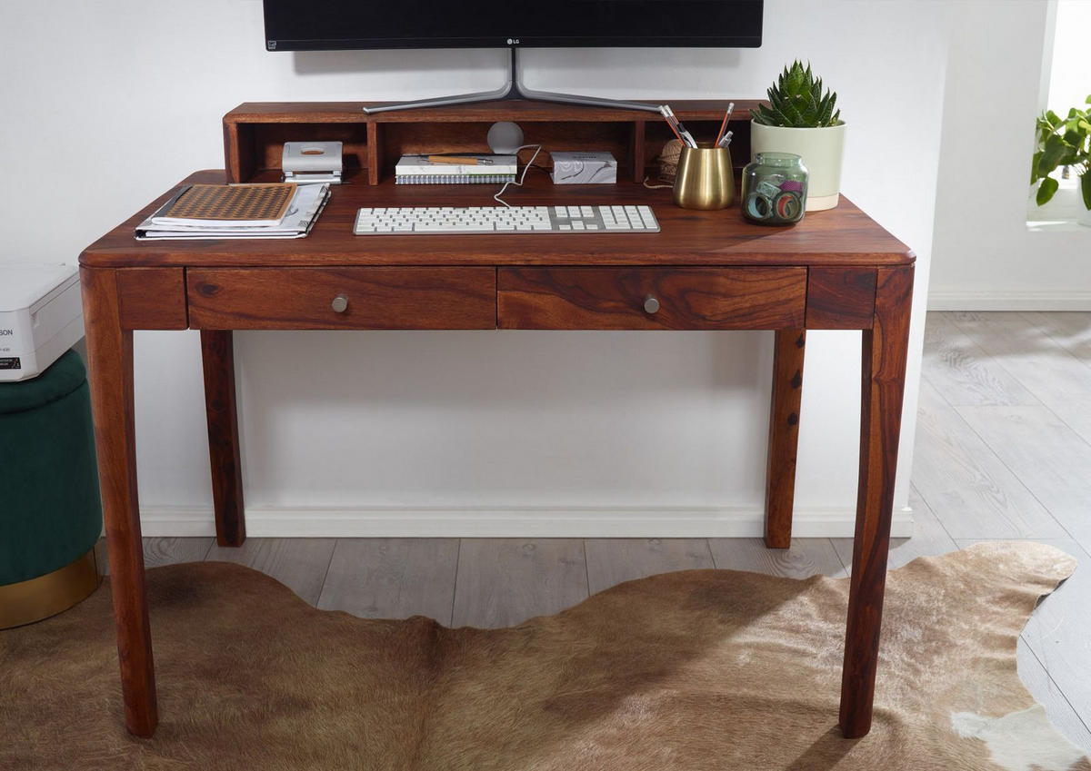 SCHREIBTISCH Sheesham 112x71x85 walnuss geölt BROOKLYN #05 - Dunkelbraun, Holz (71/112/85cm) - Massivmoebel24