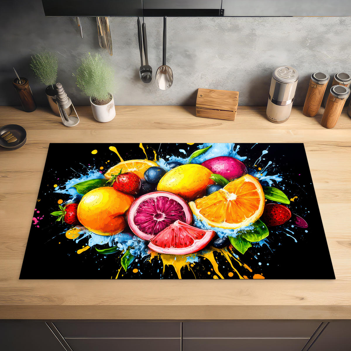 HERDABDECKPLATTE Obst - Graffiti - Bunt - Orange - Erdbeere - Abstrakt 83x51 cm - Orange, Kunststoff (83/0.2/51.5cm) - MuchoWow