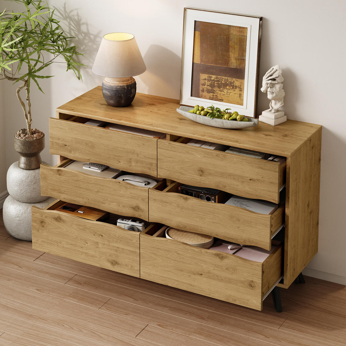 SIDEBOARD mit 6 Schubladen, Holzoptik mit wellenförmigen Fronten und schwarzen Metallfüßen, 120/40/75,5 cm,Naturfarben - Naturfarben, Holzwerkstoff (120/75.5/40cm) - Redom