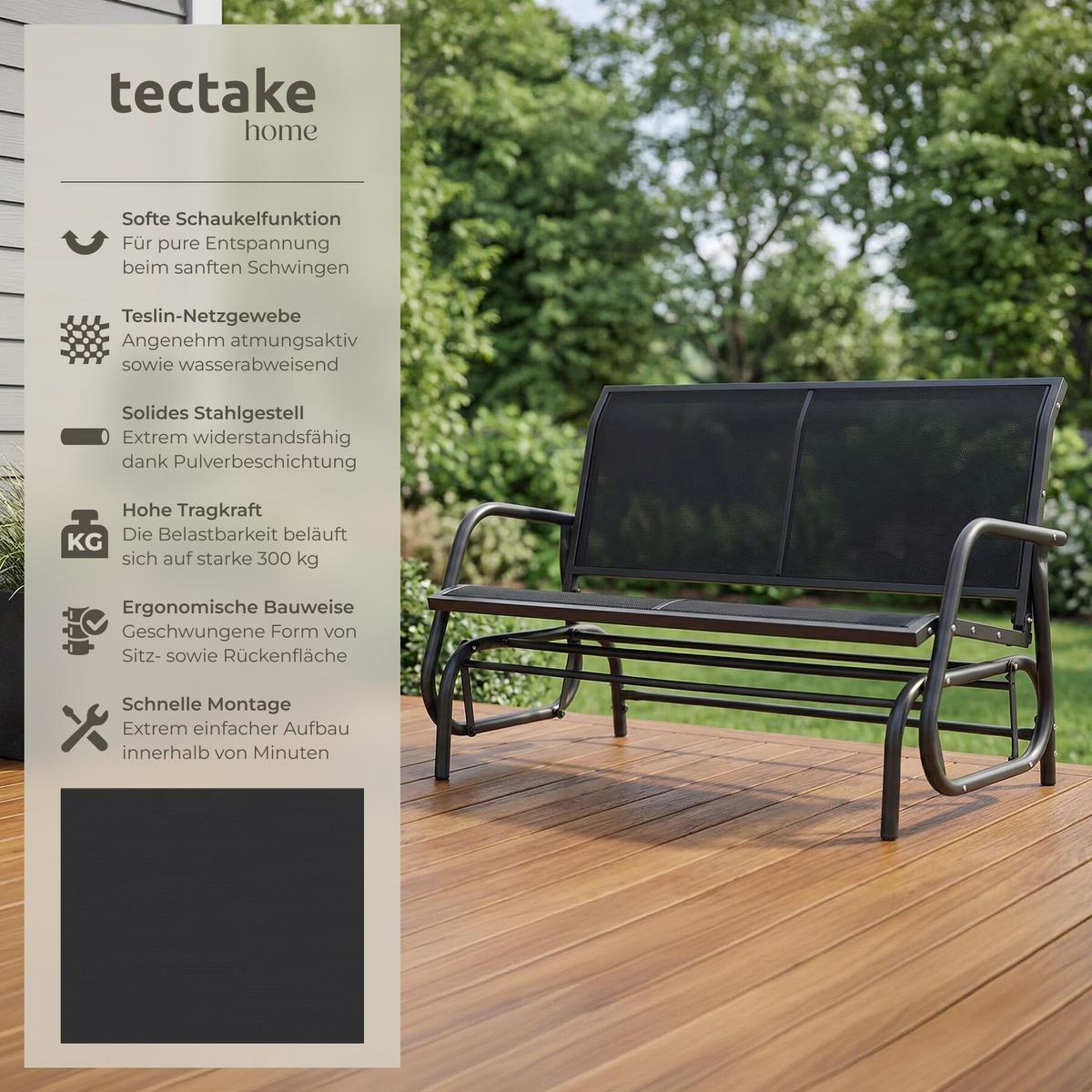 SCHAUKELBANK Greta, 121 x 72 x 86,5 cm, schwarz - Schwarz, Metall (72/86.5/121cm) - tectake