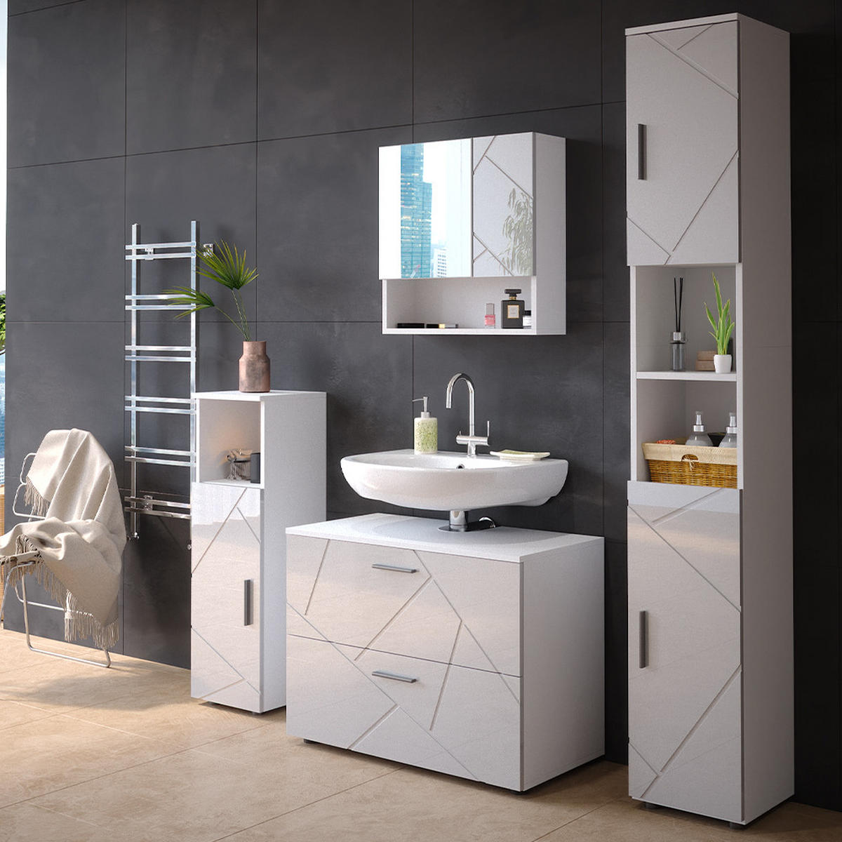 SADA NÁBYTKU DO KOUPELNY Irma Bílá vysoký lesk - bílá/vysoce lesklá bílá, kompozitní dřevo (80/58/41cm) - Vicco