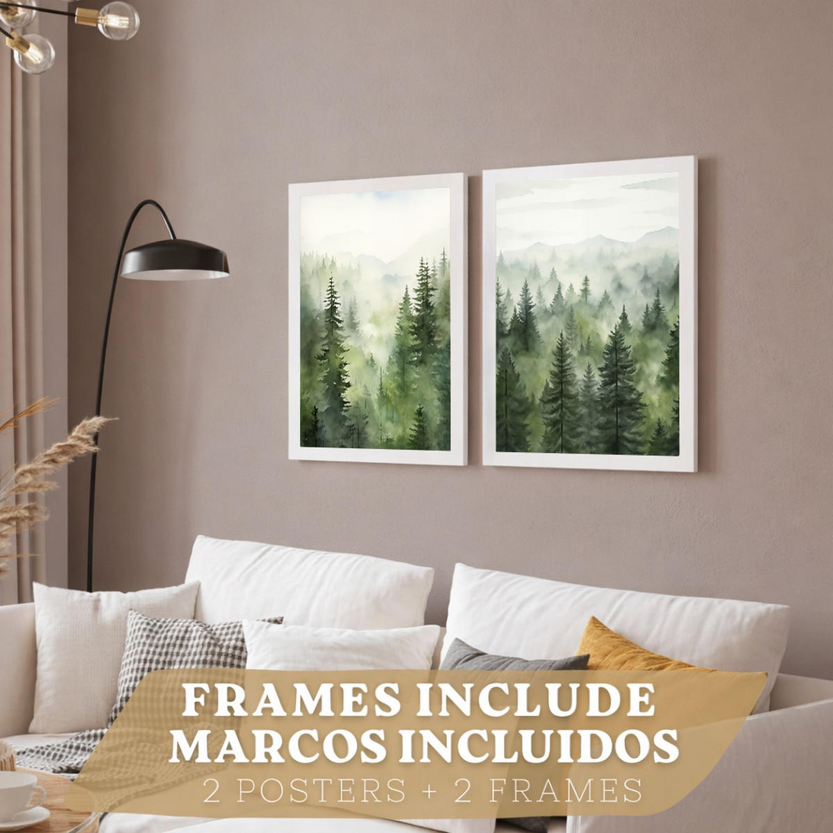 PLAKAT Sada 2 dekorativních tisků Nordic Forest Landscape Moderní obývák Obrázky - Zelené dekorativní plakáty Dekorace Obývací pokoj A3 Bílý rám - bílá, papír (29.7/42/3cm) - Nacnic