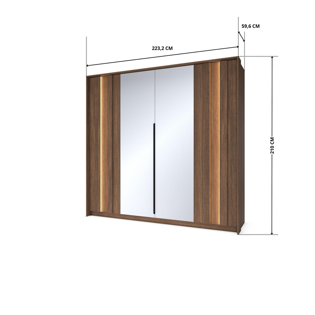 KLEIDERSCHRANK LUPO 223 cm Eiche Dunin - mit 4 Türen, Spiegel und LED-Beleuchtung - Eichefarben/Schwarz, Holz/Holzwerkstoff (223/210/60cm) - Ravio