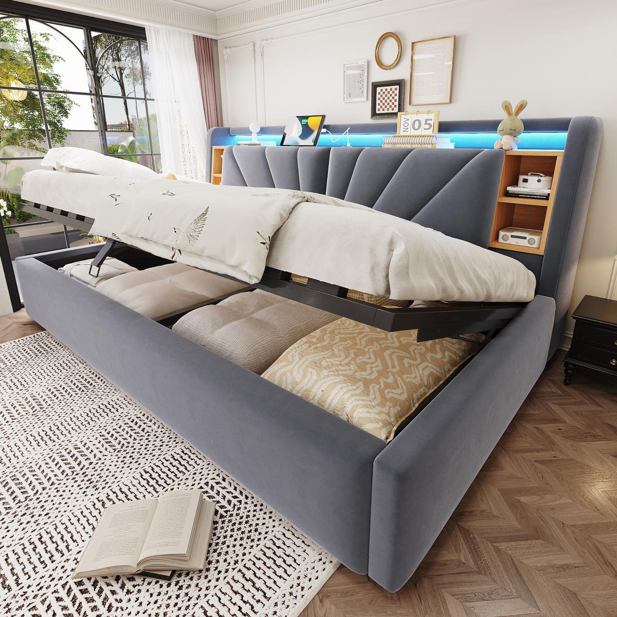 POLSTERBETT 90*200 cm mit LED, USB und Stauraum, Dunkelgrau - Grau, Textil (90/200cm) - FLIEKS