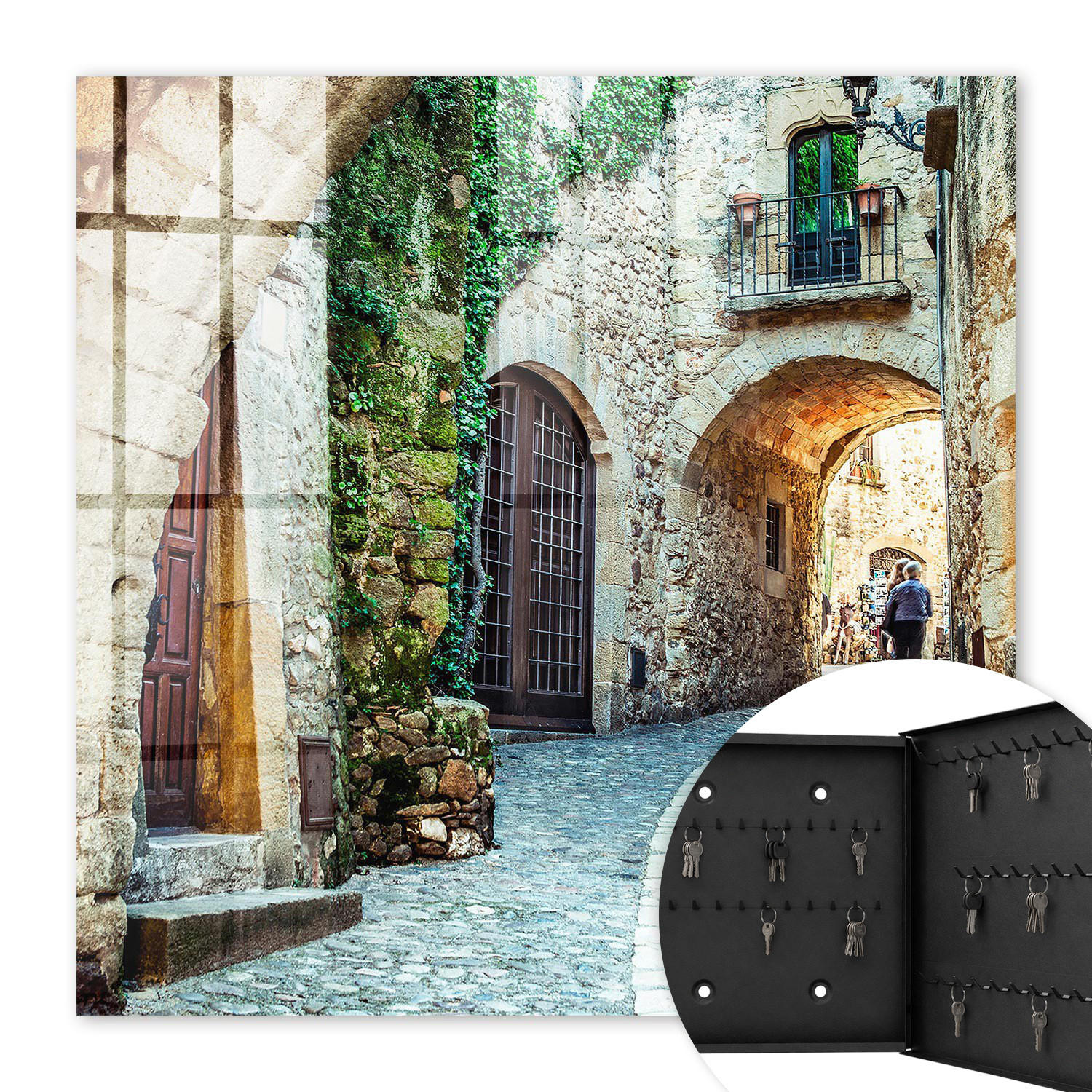 SCHLÜSSELBOX Schwarz 30x30 cm- Türöffnung nach rechts - Historische Straße - Grau, Metall (30/30/5cm) - TULUP