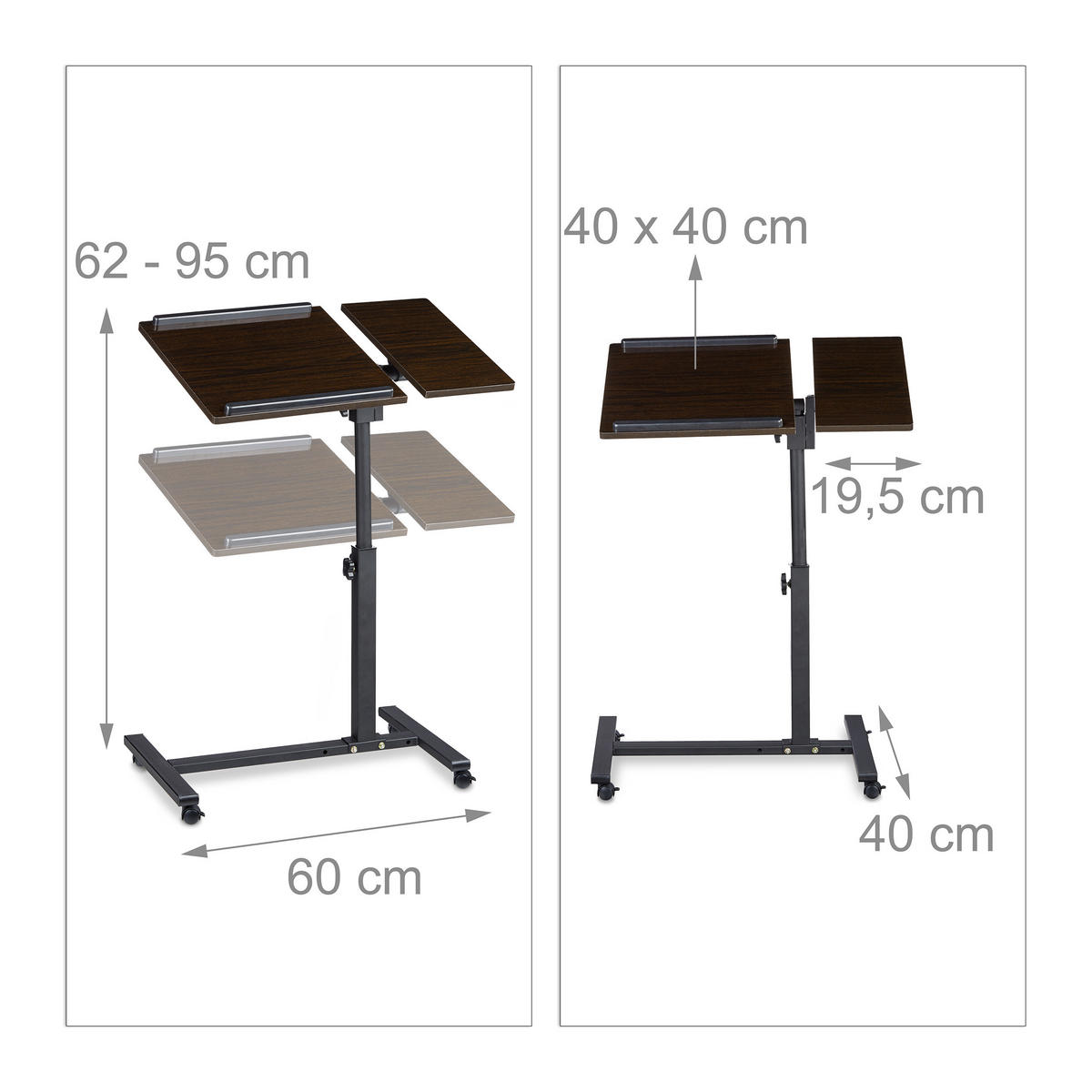 LAPTOPTISCH Schwarz höhenverstellbar Rollen 60x40 cm - Multicolor, Holzwerkstoff/Metall (40/60/95cm) - Relaxdays