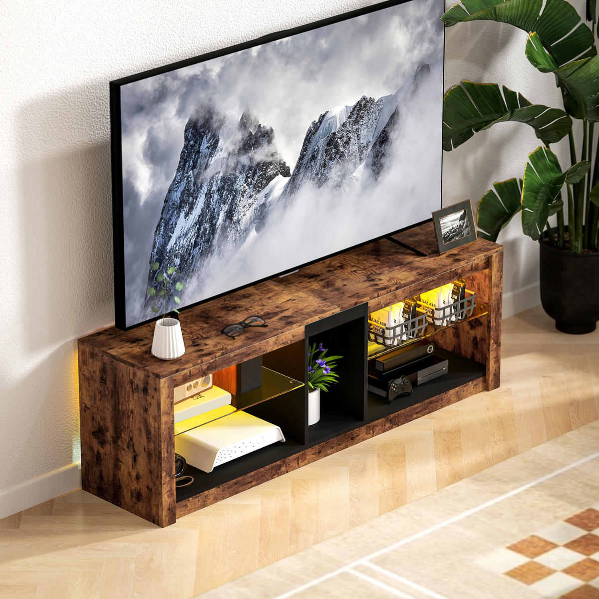 TV-LOWBOARD Braun 140/35/47 cm, LED-Beleuchtung, Glasböden - Braun, Holzwerkstoff (140/47/35cm) - PANGIVO