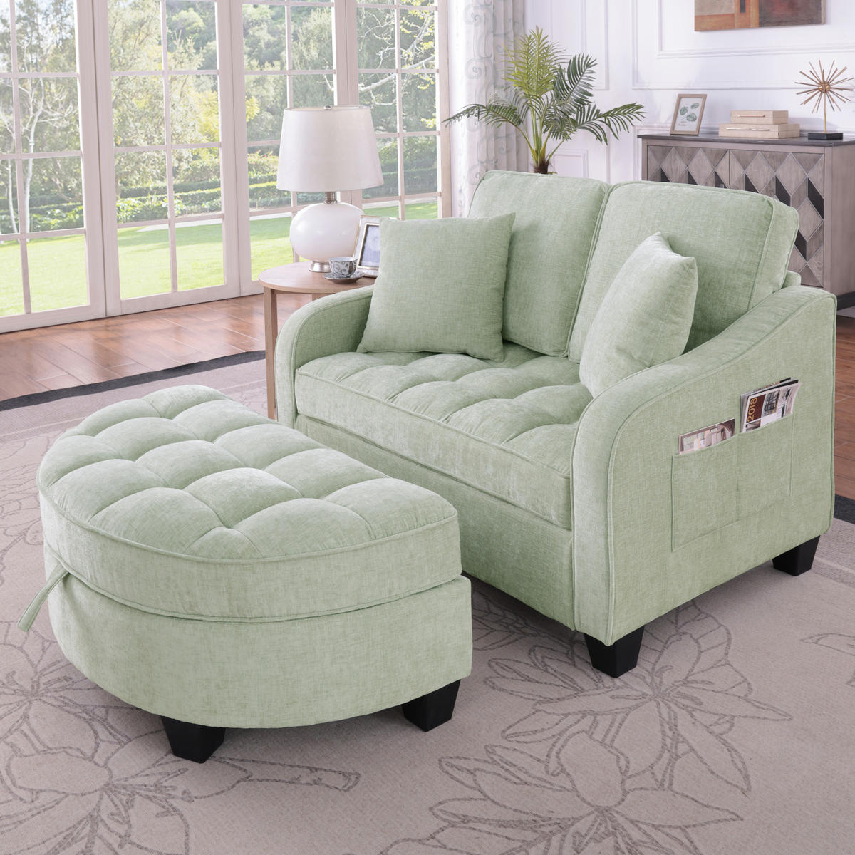 SCHLAFSOFA 2-in-1 mit Hocker und Stauraum, Cyan - Türkis, Holz (132/93/129cm)