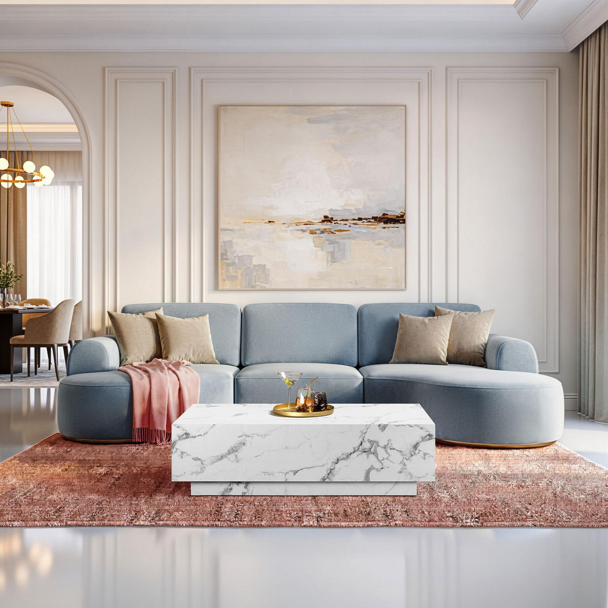 COUCHTISCH Lasley, inkl. Bodenschoner, Belastbarkeit 45 kg, Marmor Optik weiß - Weiß, Holz (60/120/35cm) - tectake