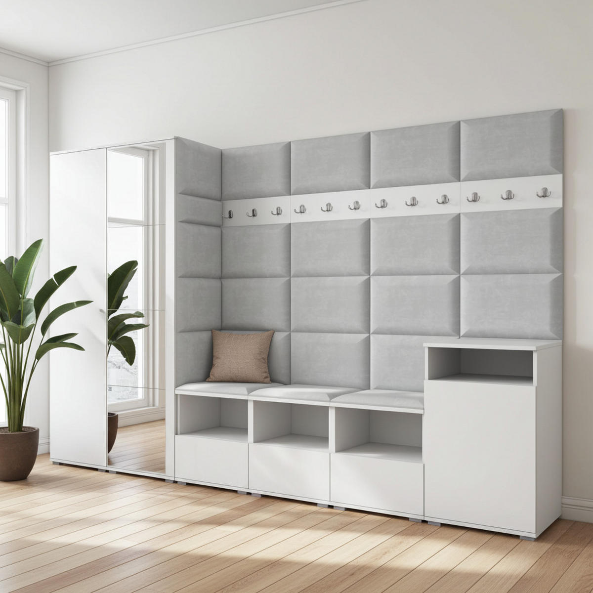 GARDEROBE NELA XII 300 cm (Modulare Flurmöbel Weiß mit Spiegel & Sitzpolster Hellgrau 32 Gigantisches Set) - Silberfarben/Hellgrau, Holz/Holzwerkstoff (300/187/40cm) - Ravio