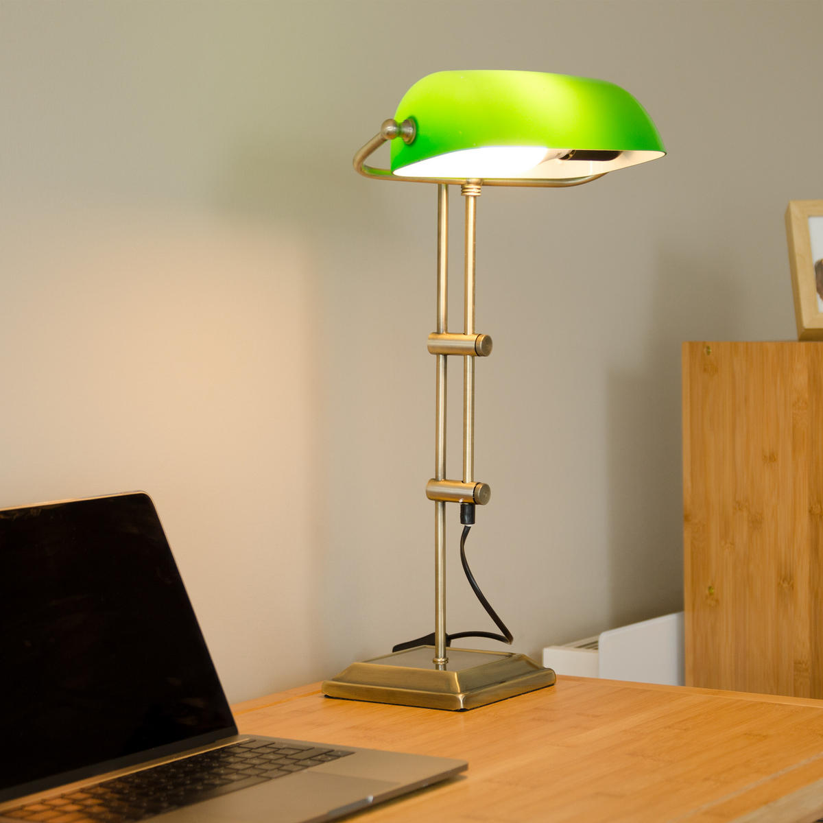 BANKERLAMPE Grün Messingfarben Metall Glas höhenverstellbar E27 40 W - Multicolor, Glas/Metall (18/27/46cm) - Relaxdays