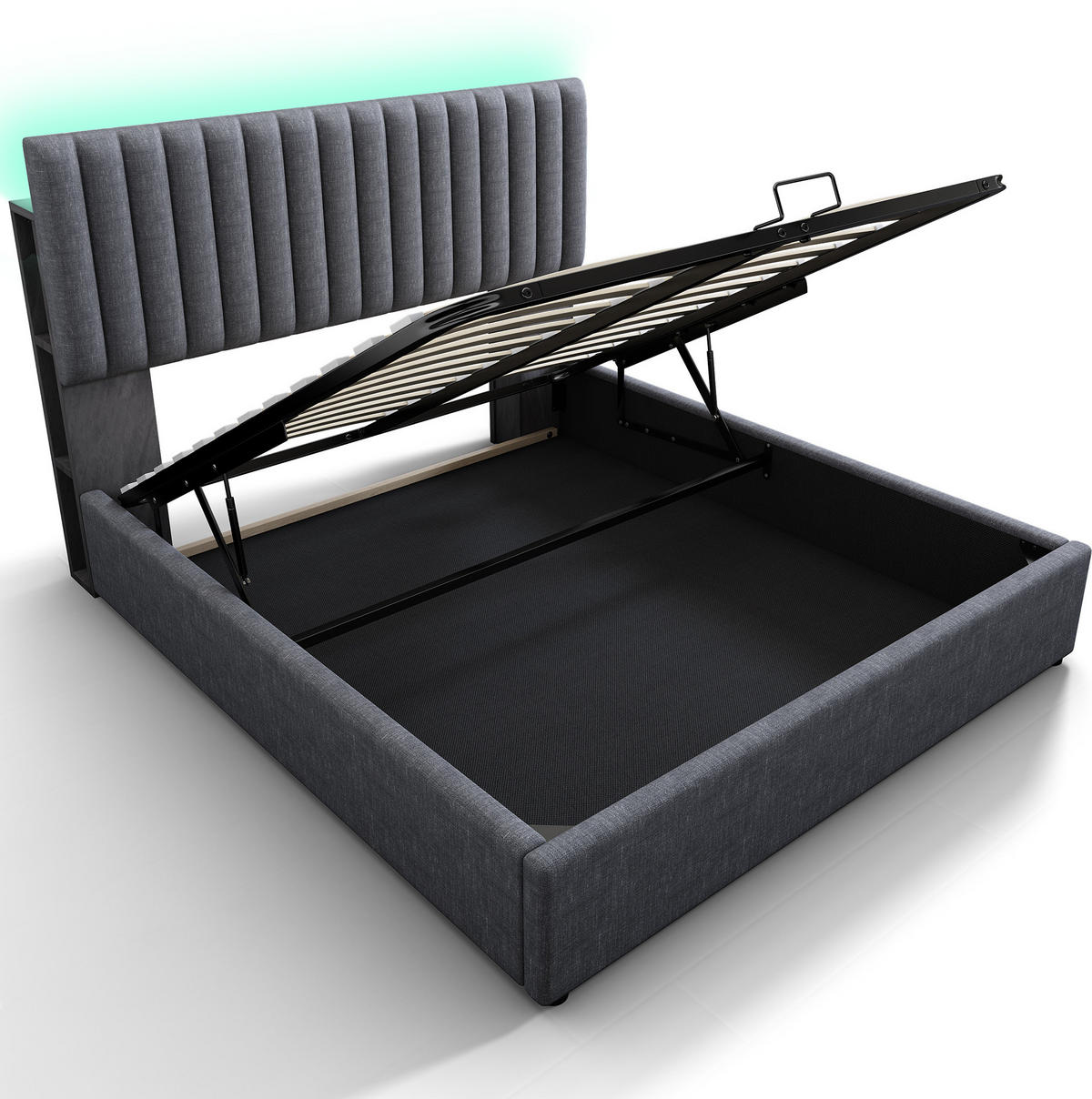 POLSTERBETT 140/200 cm mit Bettkasten, LED-Kopfteil, USB/Type-C & Stauraumfächern,Grau - Grau, Textil (140/200cm) - Redom
