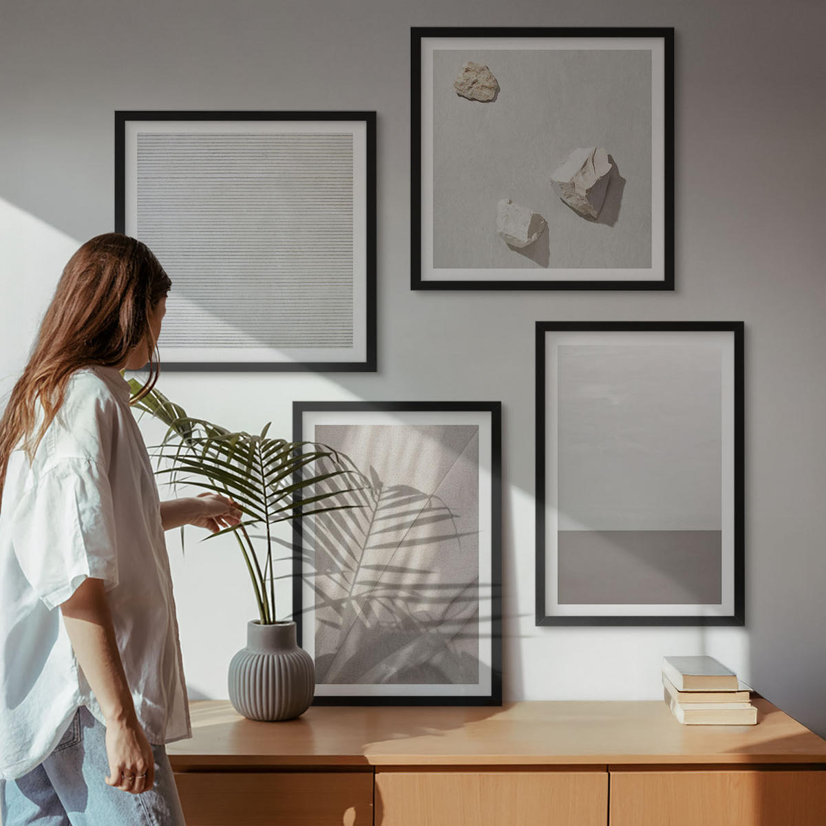 WANDBILDER 4er-Set - 50x50 cm & 40x60 cm Schwarzer Rahmen - Zarte Boho-Texturen der Natur - Schwarz, Kunststoff (50/50cm) - ArtPrintCave